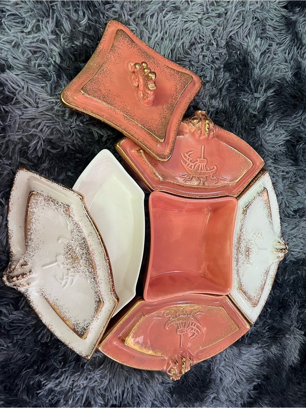 Coral & Cream Ceramic Serving Tray Set - divided dish